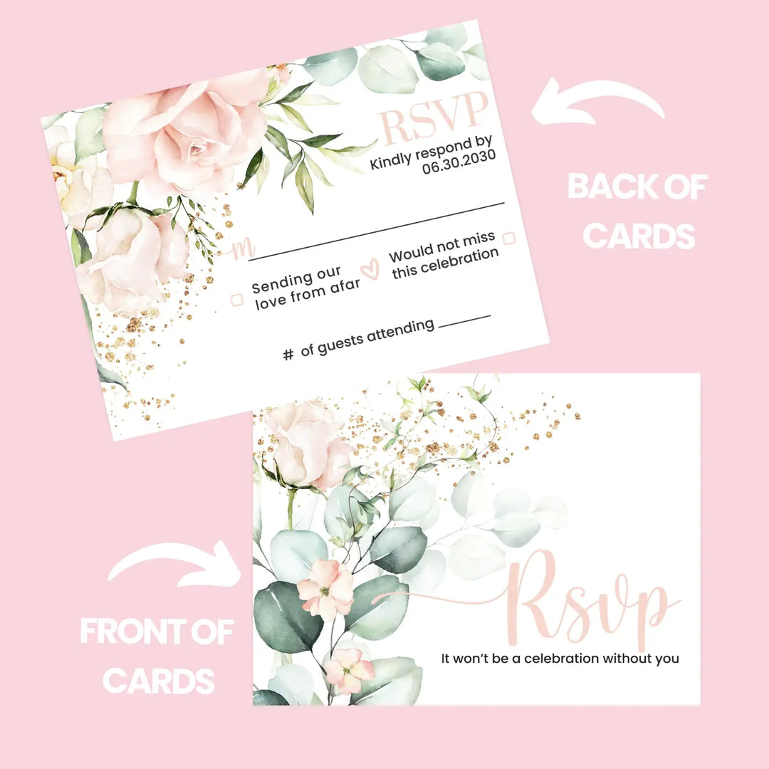 Personalized blush blooms rsvp cards with envelopes - gold & rustic greenery for weddings and events - invitations