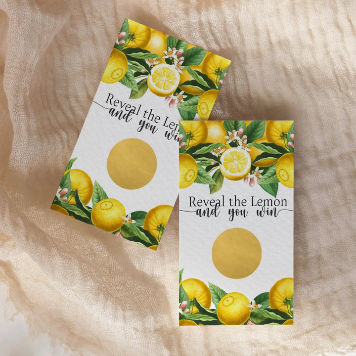 Lemon themed bridal shower scratch-off game cards - fun wedding & engagement party activity - games