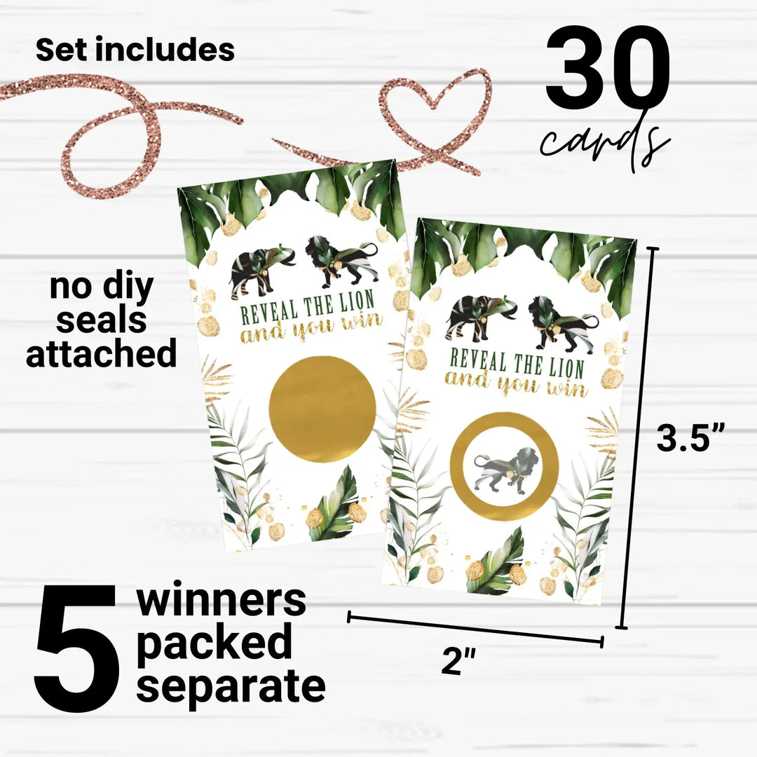 Jungle-themed baby shower scratch-off game cards: 30 fun activities for boys or girls - party games