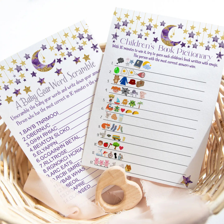 Purple & gold twinkle little star baby shower game set with word scramble and emoticon guessing - party games