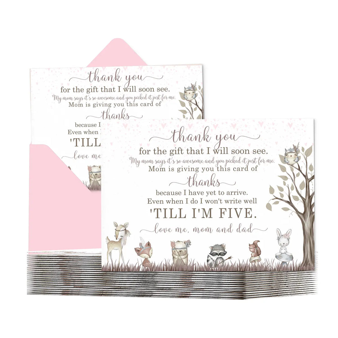 Girls woodland baby shower thank you cards - 15 pack boho chic notecards with pink envelopes 4x6 - office product