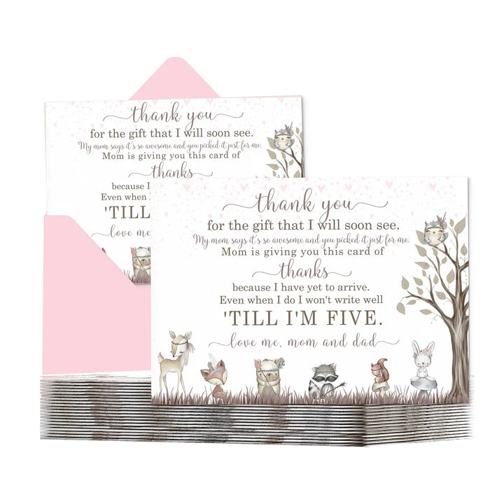 Girls woodland baby shower thank you cards - 15 pack boho chic notecards with pink envelopes 4x6 - office product