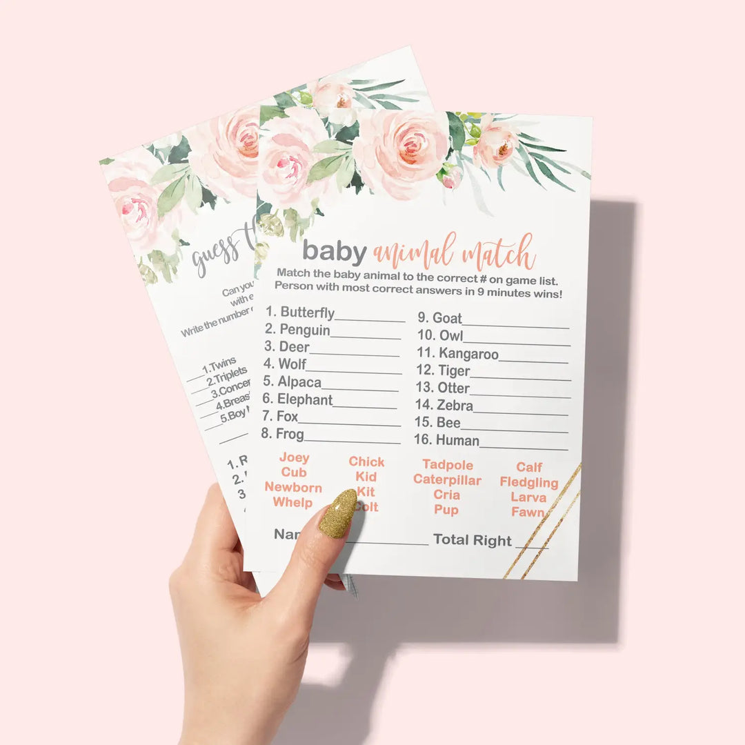 Graceful baby shower game set rustic pink floral greenery animal match and candy bar guessing - party games