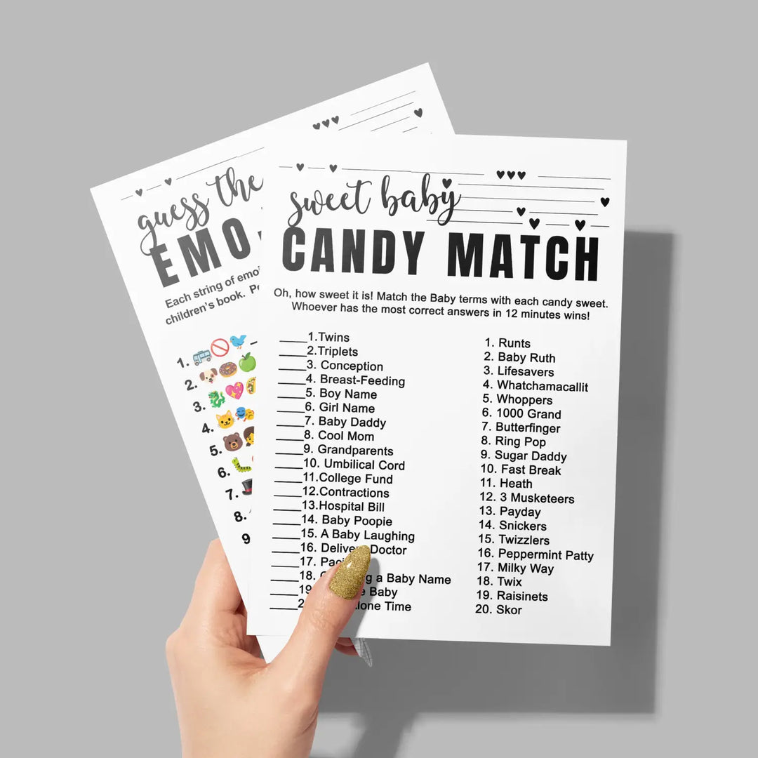 Sophisticated 2-in-1 baby shower game bundle - match the candy bar & guess storybook - 25 pack - party games