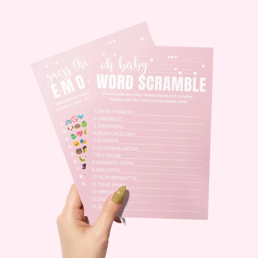 Pink baby shower game set - word scramble and guess the storybook pictograms 5x7 double-sided cards 25 pack with answer