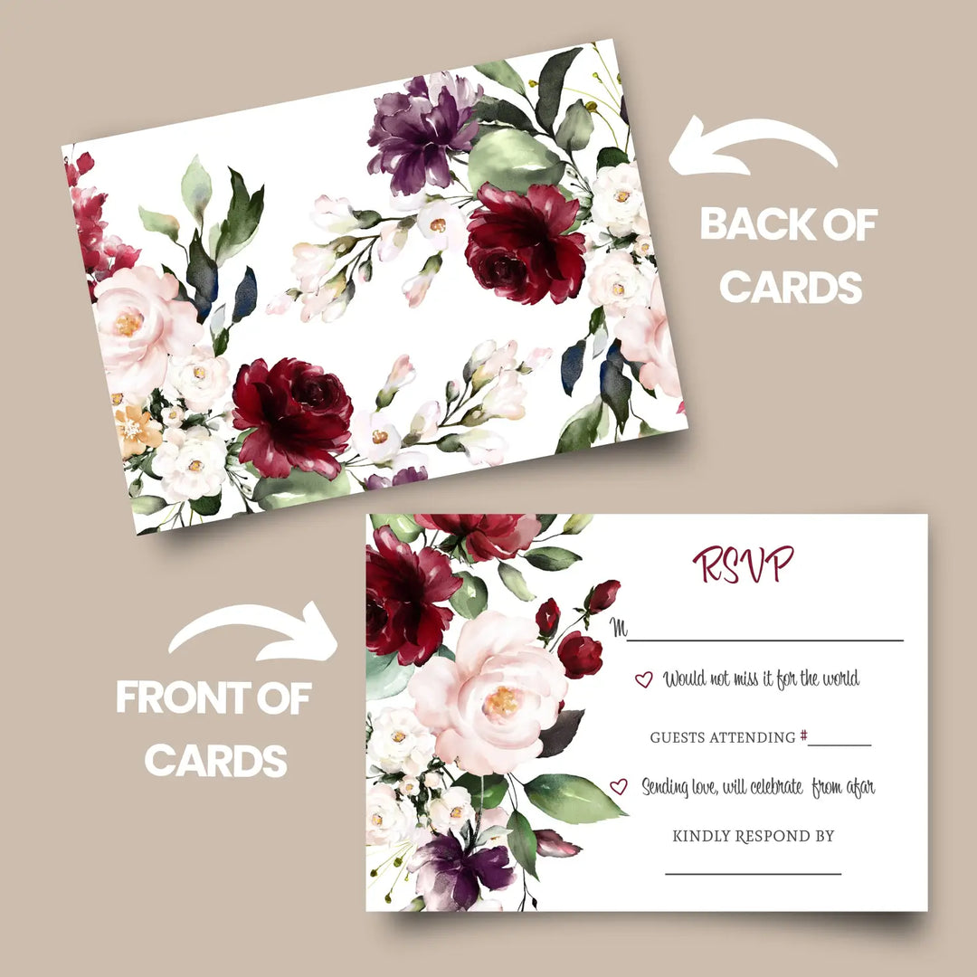 Boho burgundy blossom rsvp cards contemporary floral 3.5x5 pack of 25 - invitations