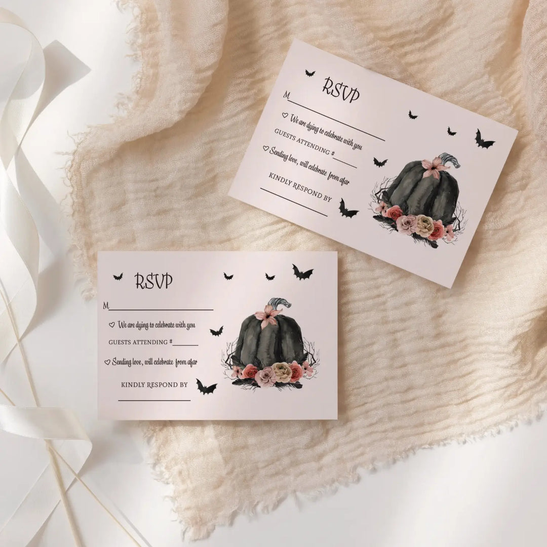 Halloween rsvp cards - spooky chic gothic pink & black pumpkin design with spiders and floral - set of 25 - invitations