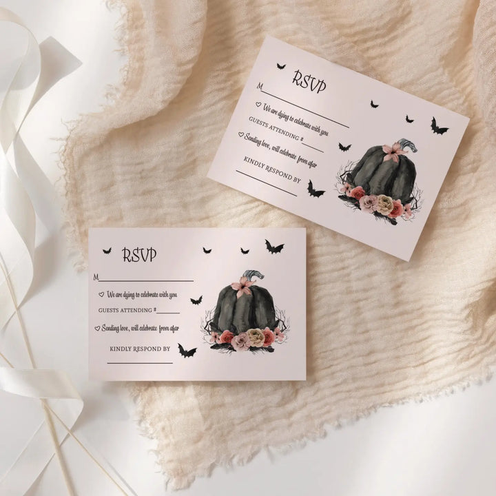 Halloween rsvp cards - spooky chic gothic pink & black pumpkin design with spiders and floral - set of 25 - invitations