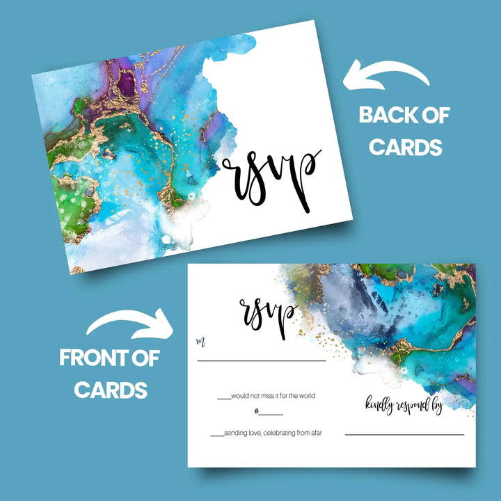 Modern teal & purple watercolor rsvp cards - chic wedding response set 3.5x5 envelopes included 25 pack - invitations