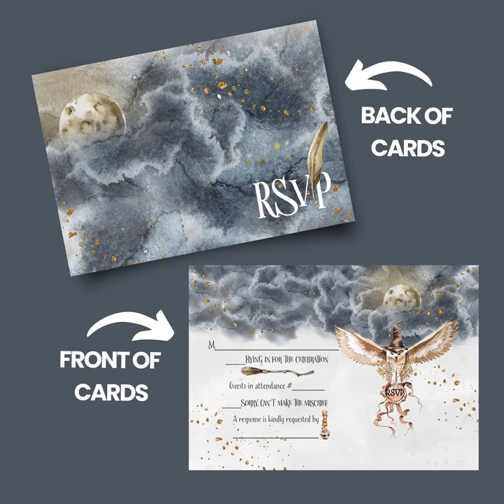 Magical black gold owl rsvp cards - enchanted wedding response set 3.5x5 envelopes included 25 pack - invitations