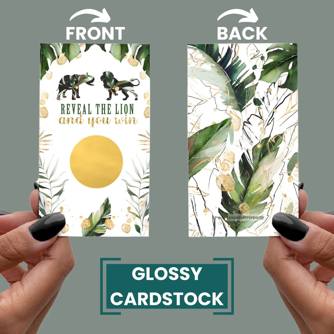 Jungle-themed baby shower scratch-off game cards: 30 fun activities for boys or girls - party games