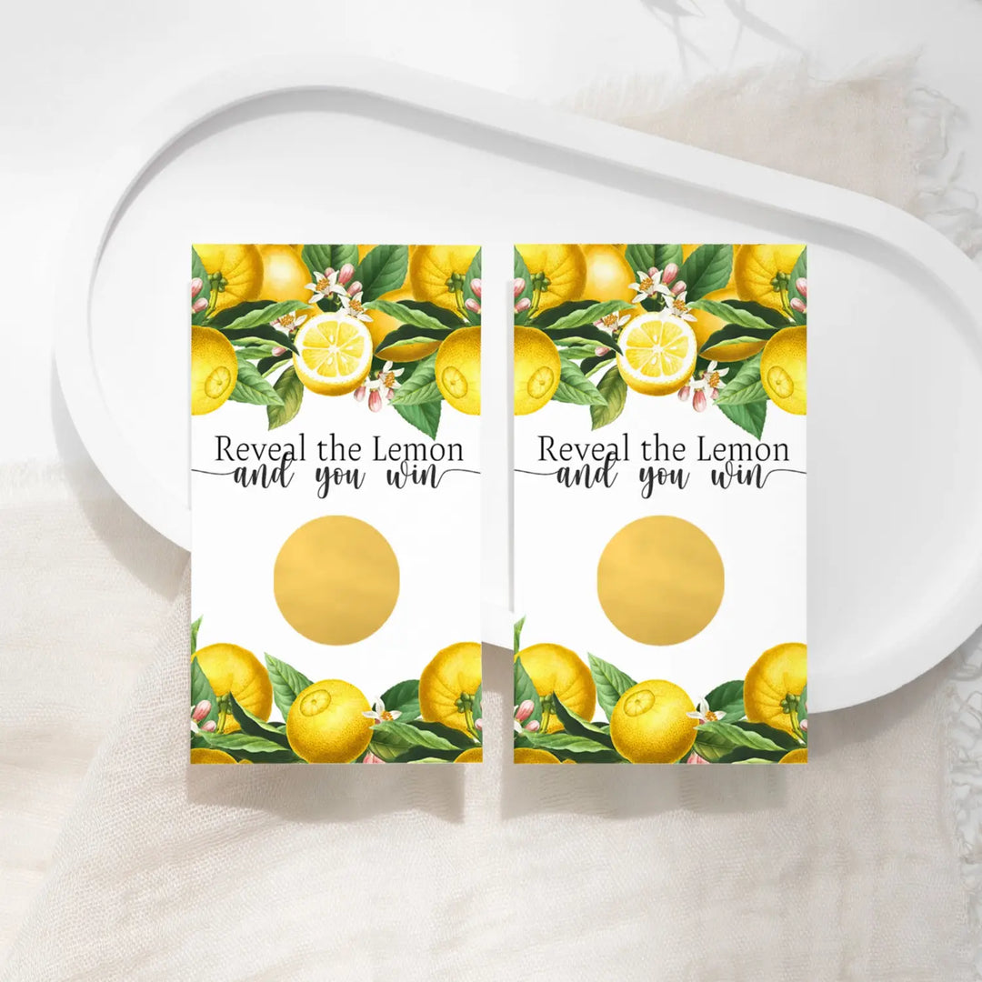 Lemon themed bridal shower scratch-off game cards - fun wedding & engagement party activity - games