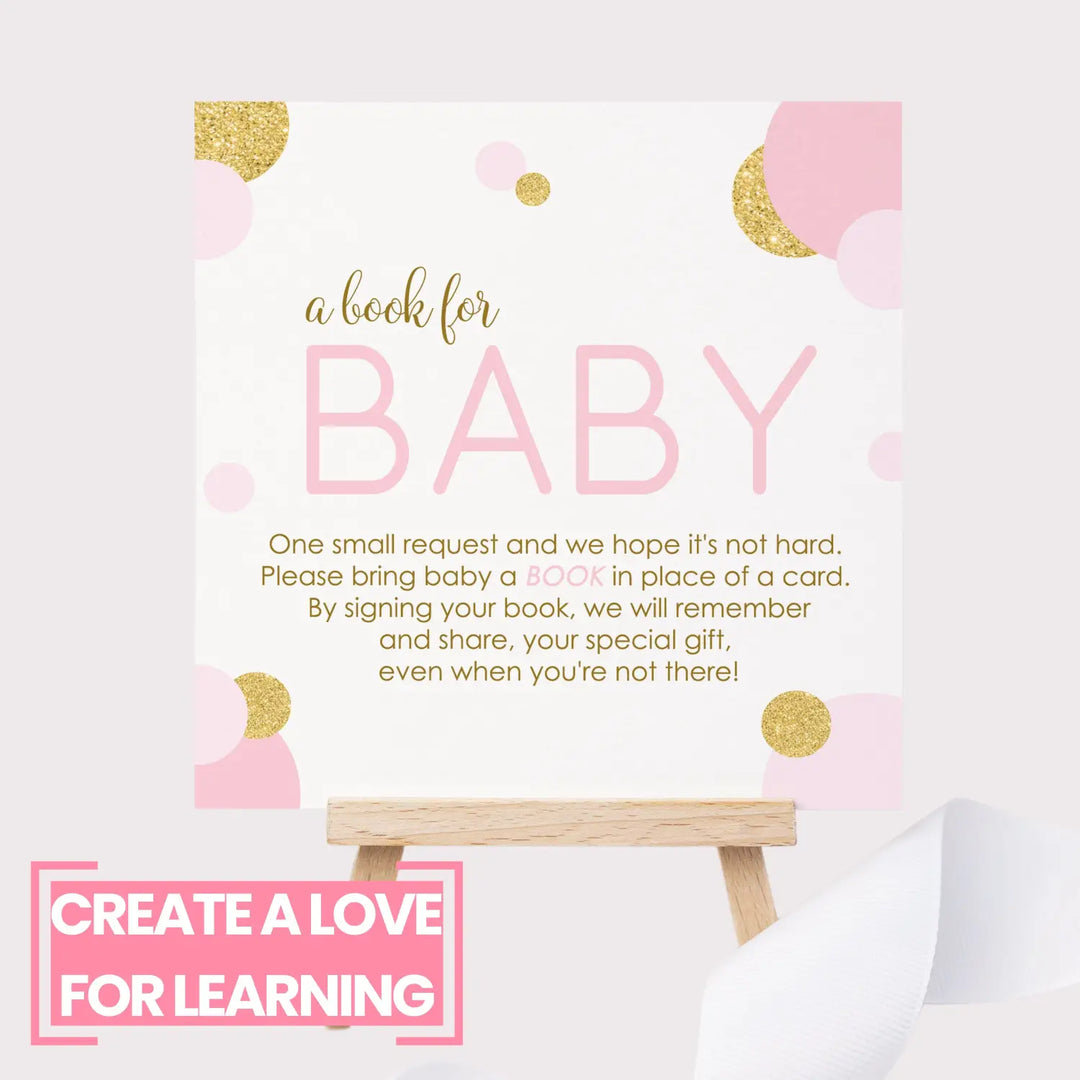 Pink and gold books for baby shower request cards - invitations
