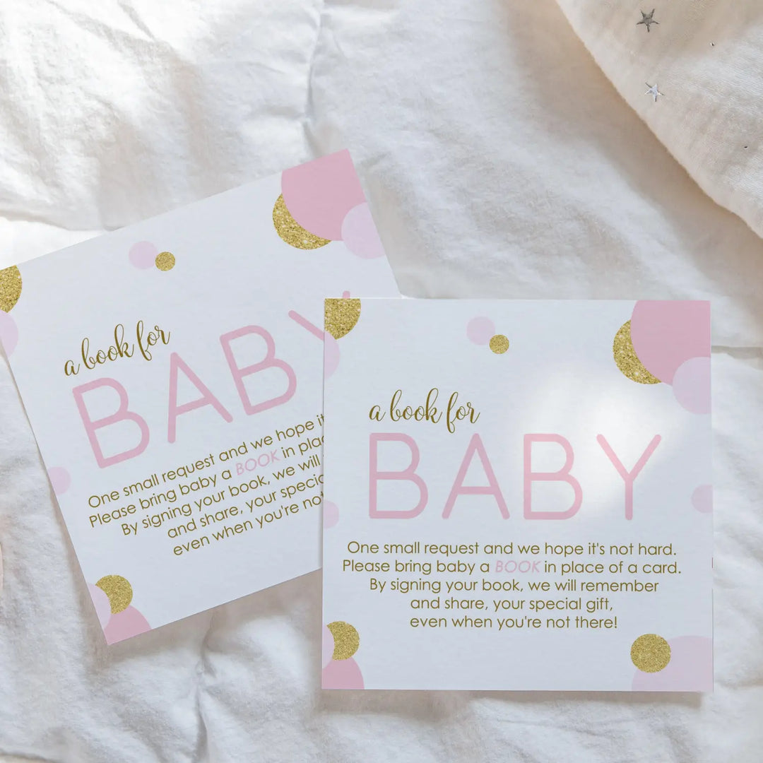 Pink and gold books for baby shower request cards - invitations