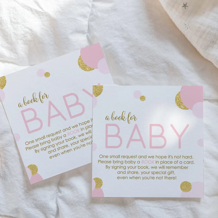 Pink and gold books for baby shower request cards - invitations