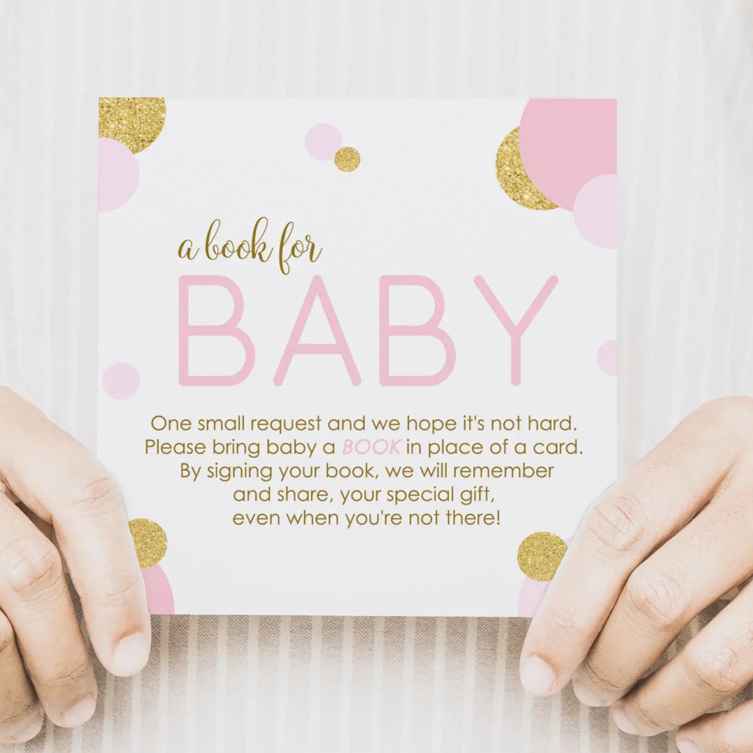 Pink and gold books for baby shower request cards - invitations
