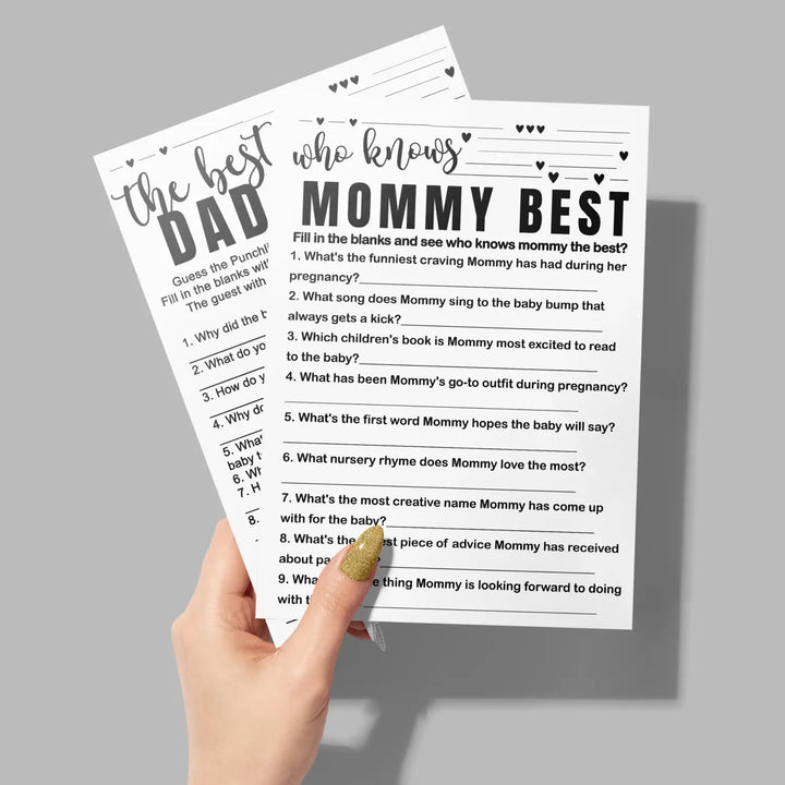 Black and white baby shower game 2-in-1 set - who knows mommy best & dad jokes 25 pack - party games