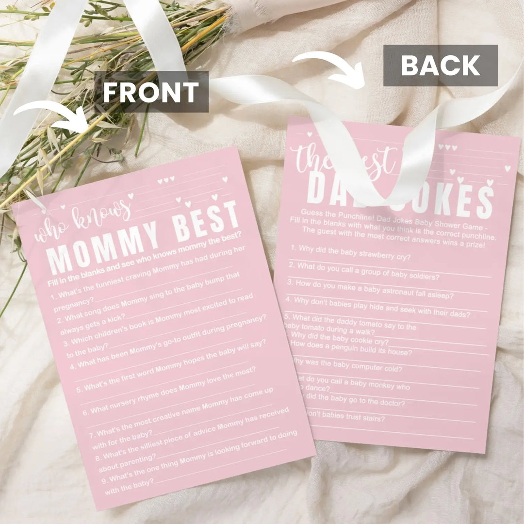 Pink baby shower game set - who knows mommy best & dad jokes modern minimalist 25 pack - party games