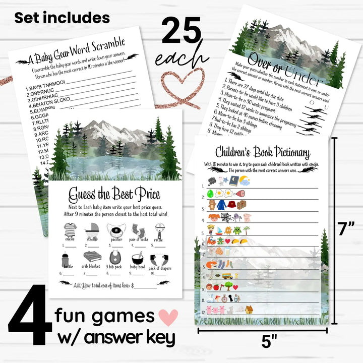 Adventure awaits mountain-themed baby shower game bundle 5x7 double-sided cards (25 ct) - party games