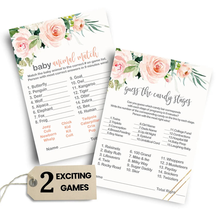 Graceful baby shower game set rustic pink floral greenery animal match and candy bar guessing - party games