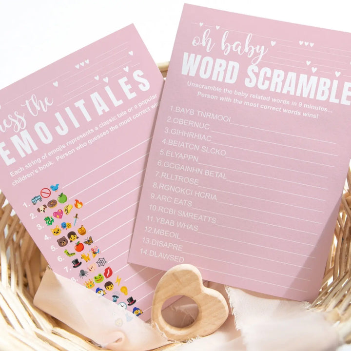 Pink baby shower game set - word scramble and guess the storybook pictograms 5x7 double-sided cards 25 pack with answer