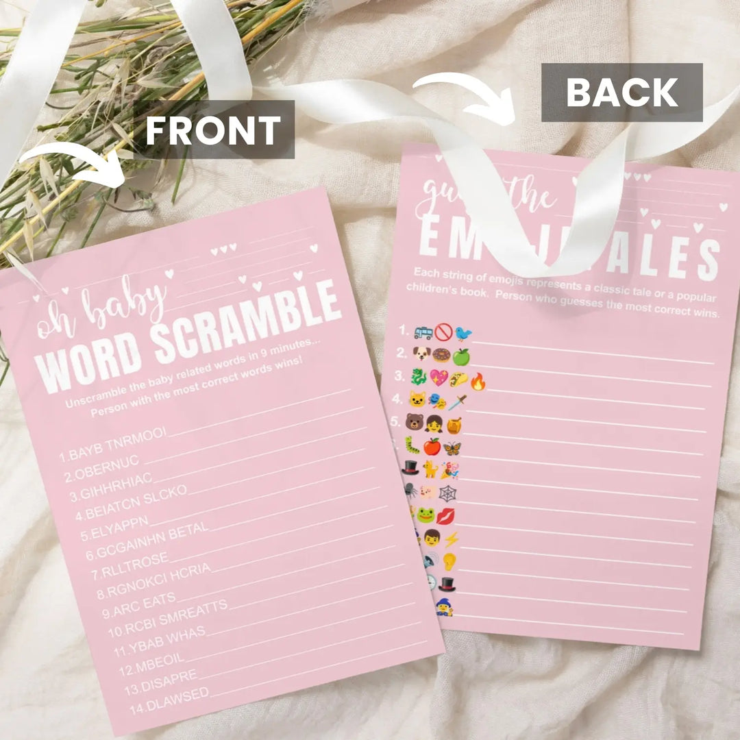 Pink baby shower game set - word scramble and guess the storybook pictograms 5x7 double-sided cards 25 pack with answer