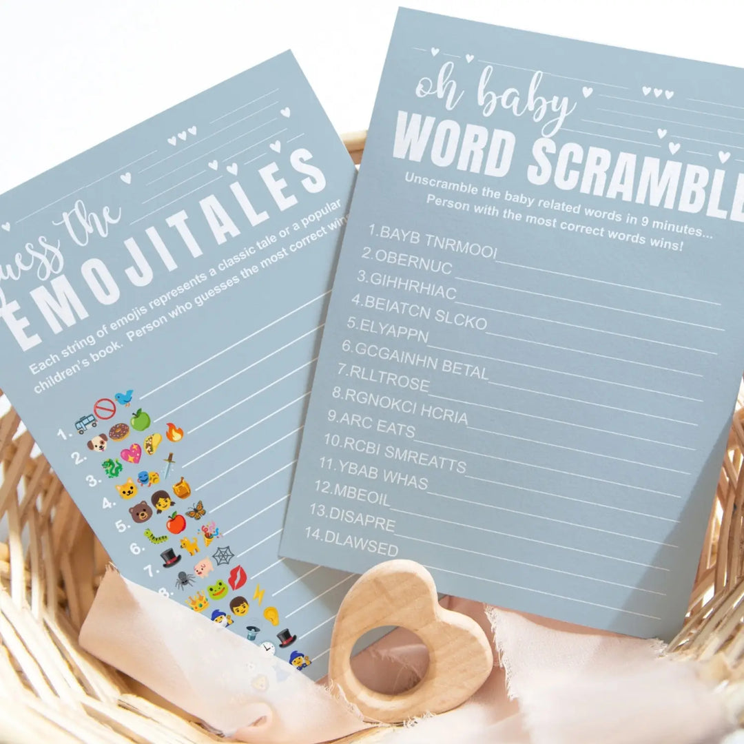 Blue baby shower game set - word scramble and guess the pictograms titles 5x7 double-sided cards 25 pack with answer
