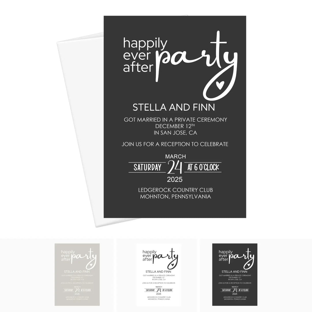 Happily ever after wedding reception invites for newlyweds - modern black and white personalized printed shipped