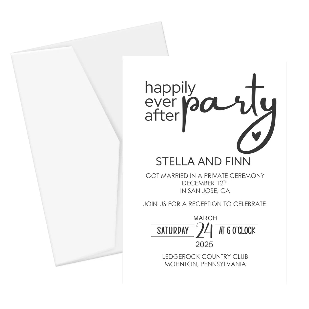 Happily ever after wedding reception invites for newlyweds - modern black and white personalized printed shipped