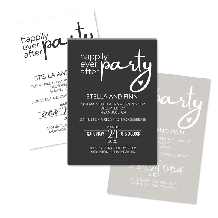 Happily ever after wedding reception invites for newlyweds - modern black and white personalized printed shipped