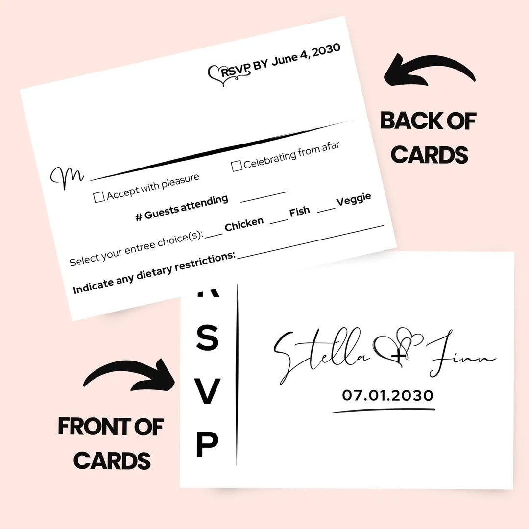 Custom white rsvp cards with elegant black calligraphy - premium card stock 4x6 inch size - invitations