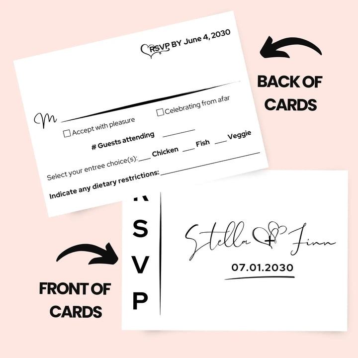 Custom white rsvp cards with elegant black calligraphy - premium card stock 4x6 inch size - invitations