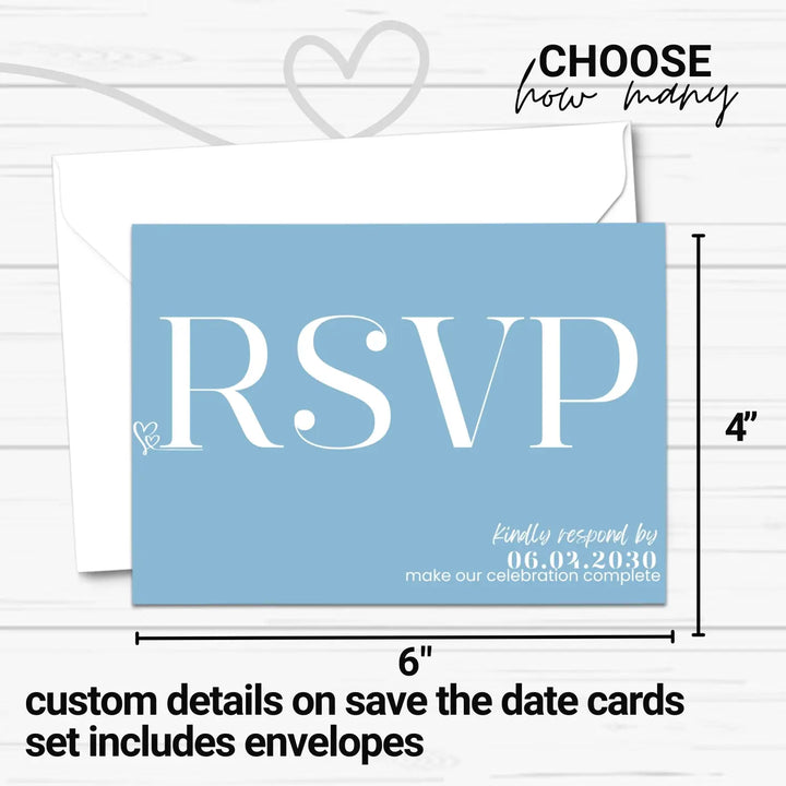 Custom sky blue rsvp cards - premium 120lb cardstock elegant calligraphy personalized dates & names includes food