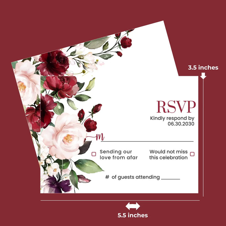 Personalized rustic floral rsvp cards with envelopes - elegant red roses & blush pink for weddings - invitations