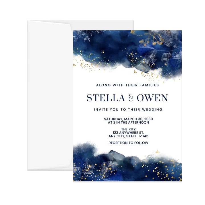 Luxurious navy & gold watercolor floral personalized invitations weddings showers graduations and milestone celebrations