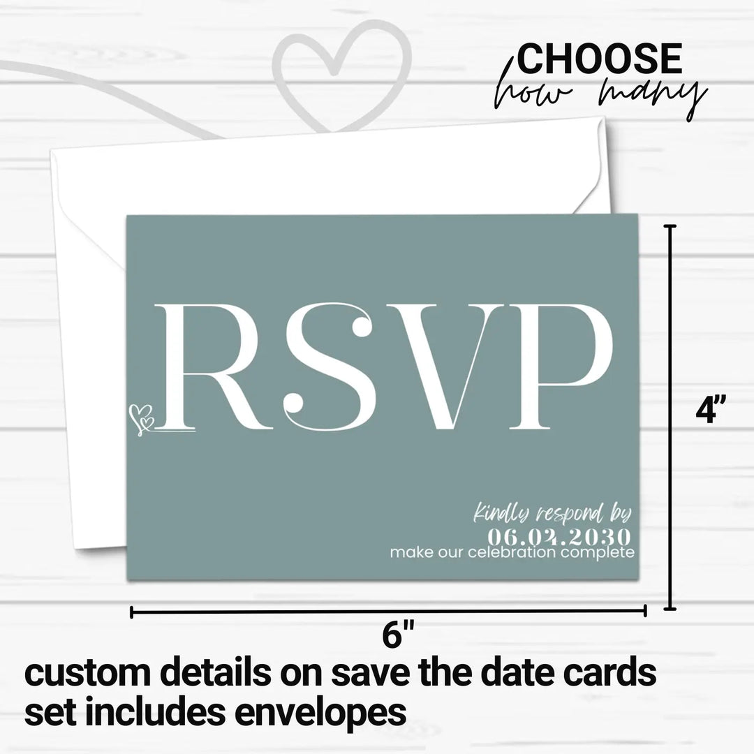 Custom rustic green rsvp cards with elegant off-white calligraphy - premium card stock 4x6 inch size - invitations