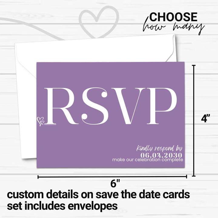 Custom bold purple rsvp cards with elegant white calligraphy - premium card stock 4x6 inch size - invitations