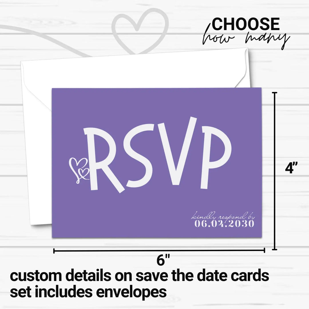 Custom purple rsvp cards with sleek calligraphy font - premium card stock 4x6 inch size - invitations