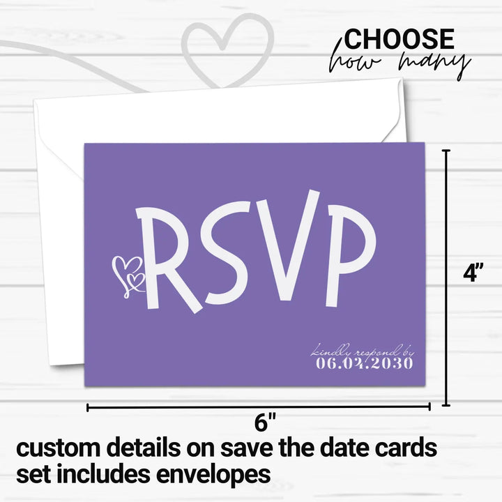 Custom purple rsvp cards with sleek calligraphy font - premium card stock 4x6 inch size - invitations