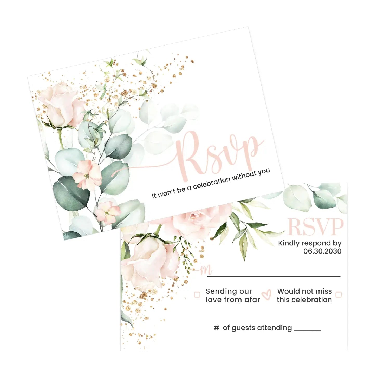 Personalized blush blooms rsvp cards with envelopes - gold & rustic greenery for weddings and events - invitations