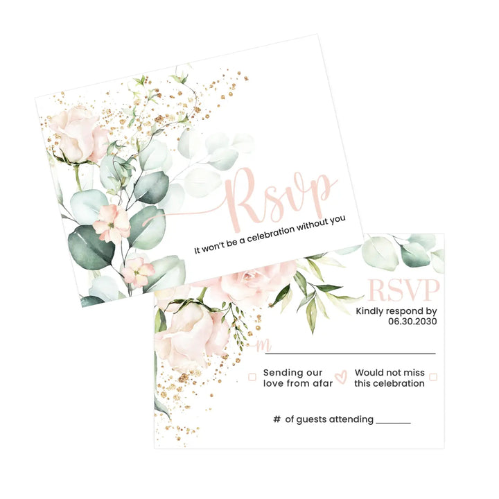 Personalized blush blooms rsvp cards with envelopes - gold & rustic greenery for weddings and events - invitations