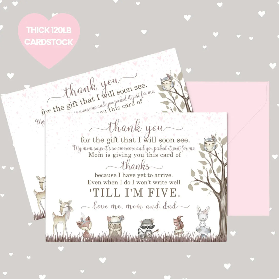 Girls woodland baby shower thank you cards - 15 pack boho chic notecards with pink envelopes 4x6 - office product