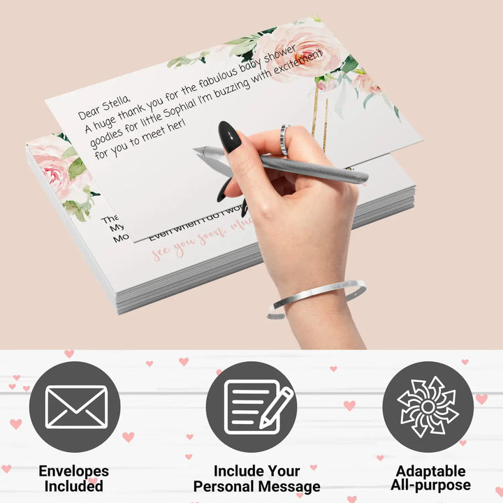 Graceful floral baby shower thank you cards for girls β notecards (pack of 25) - office product