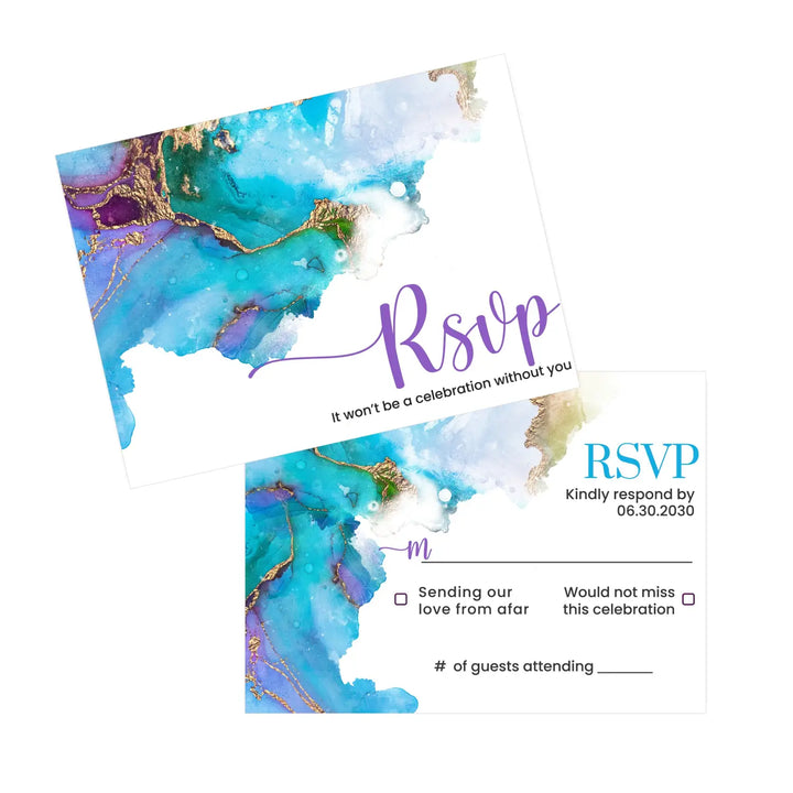 Jeweled purple & teal rsvp cards with envelopes custom printed - elegant gold watercolor for weddings and events