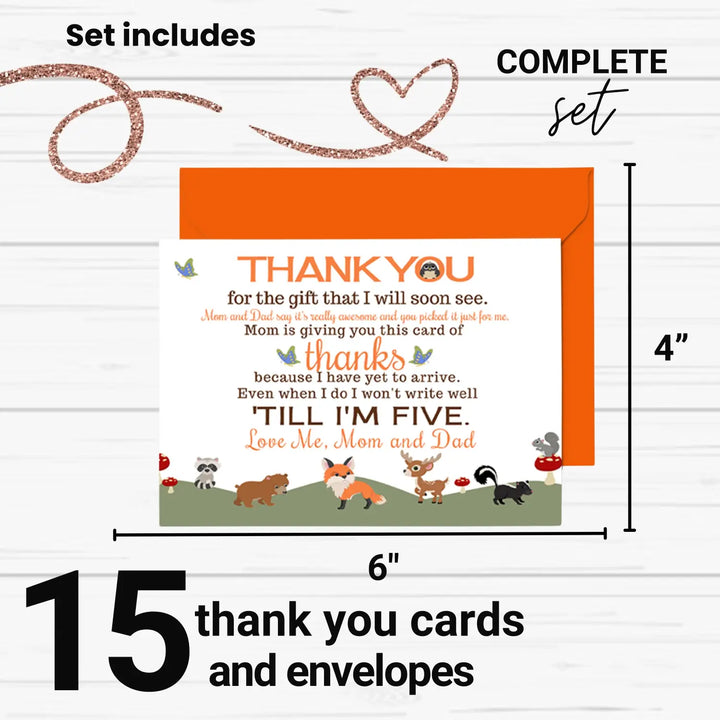 Gender neutral woodland baby shower thank you cards - 15 pack notecards with orange envelopes 4x6 - office product