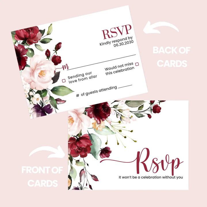 Personalized rustic floral rsvp cards with envelopes - elegant red roses & blush pink for weddings - invitations