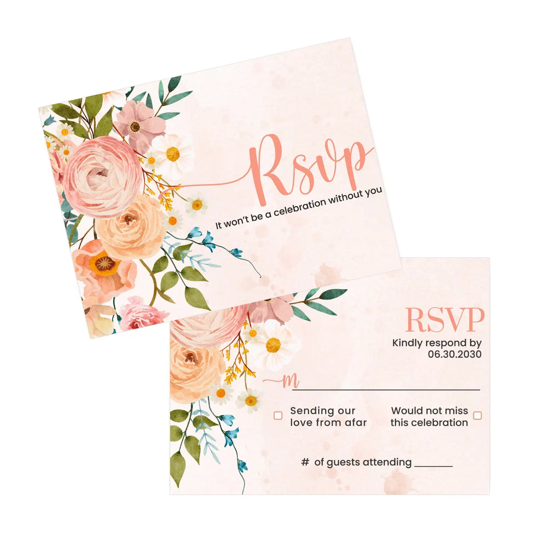 Personalized boho floral rsvp cards with envelopes - rustic terracotta and blush for weddings events - invitations