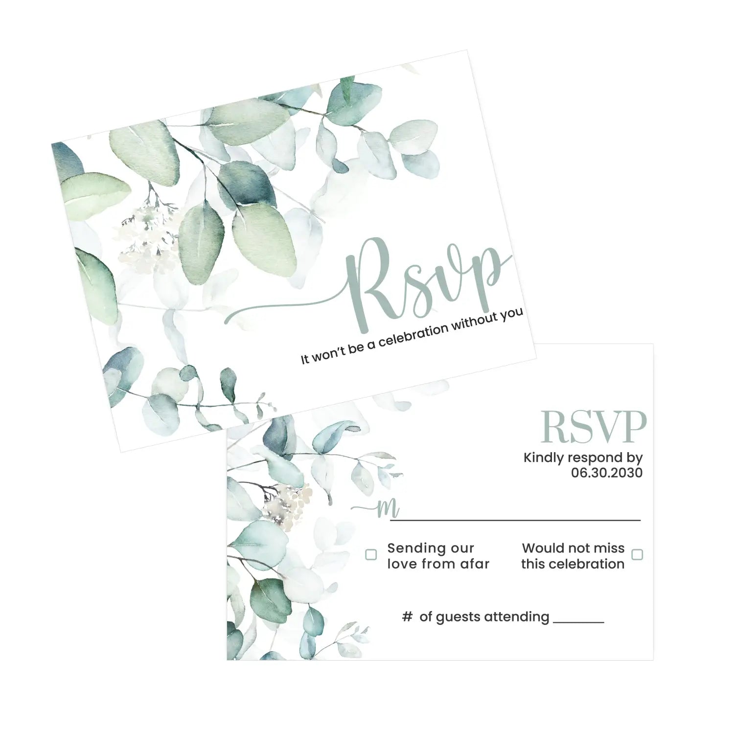 Personalized rustic eucalyptus rsvp cards with envelopes - sage and grey greenery for weddings events - invitations