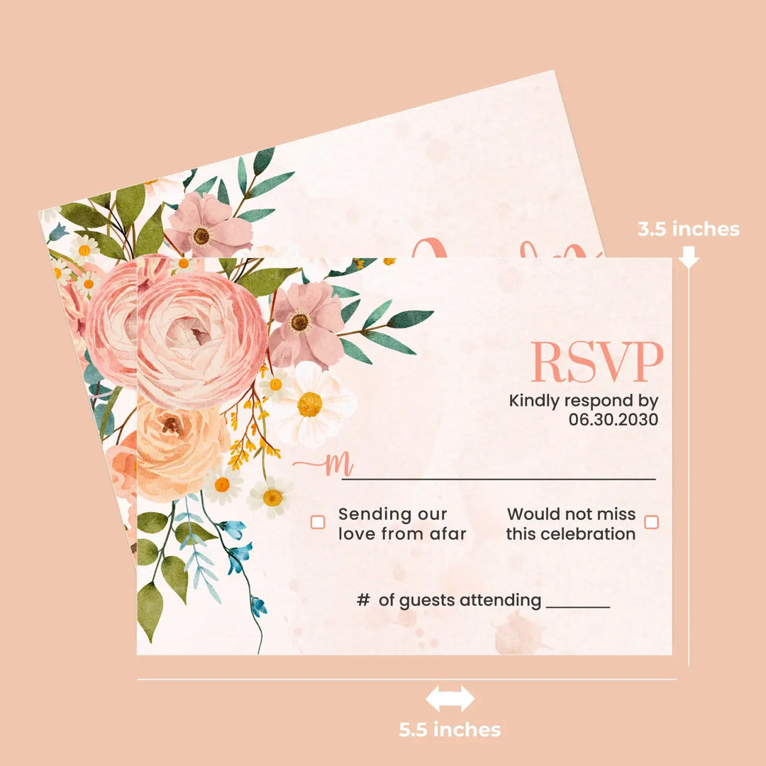 Personalized boho floral rsvp cards with envelopes - rustic terracotta and blush for weddings events - invitations