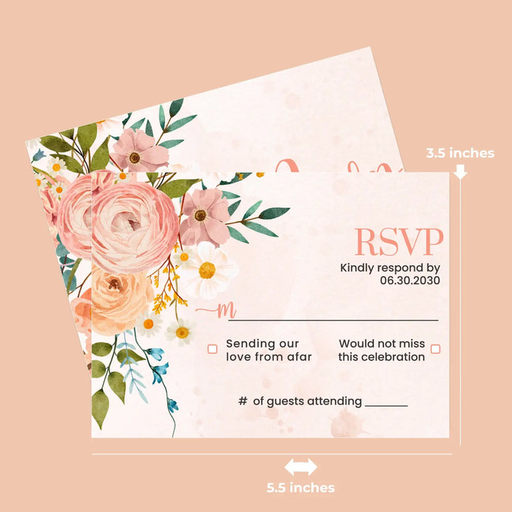 Personalized boho floral rsvp cards with envelopes - rustic terracotta and blush for weddings events - invitations